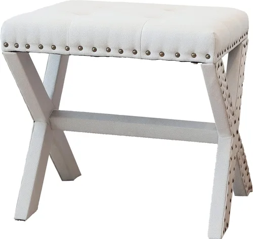 Miniatura 5 de AC Pacific Modern Chic - Taburete tapizado con tela de lino suave, ribete de cabeza de clavo, asiento copetudo y marco de madera maciza, 17 pulgadas
