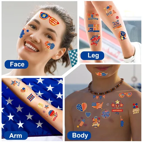 Miniatura 6 de JCFIRE Decoraciones del 4 de julio, 100 piezas de tatuajes temporales para niños y adultos, decoraciones patrióticas, accesorios del 4 de julio
