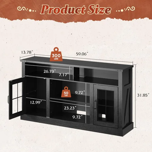 Miniatura 3 de WLIVE Soporte de TV estilo granja para TV de 65 pulgadas, centro de entretenimiento alto con luces LED y gabinetes de almacenamiento, mesa consola
