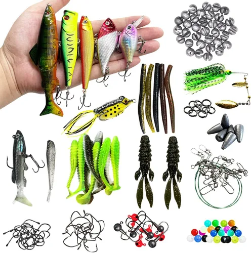 Miniatura 6 de Kit de señuelos de pesca, incluyendo cebos, anzuelos, palas, lombrices, plomos, ganchos, caja de aparejos y más equipo de pesca para truchas