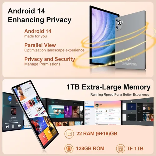 Miniatura 3 de Tablet de 10 pulgadas, 22 GB de RAM+128 GB ROM+1 TB Expand, Android 14 Tablet con teclado y mouse, batería de 8000 mAh, pantalla IPS de 1280 x 800