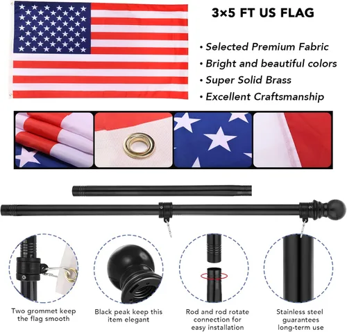 Miniatura 2 de Yeesun Mástil de bandera para casa con bandera estadounidense de 3 x 5, montaje en pared de 6 pies con soporte para porche del hogar, decoración al