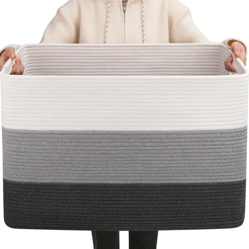 Miniatura 16 de OIAHOMY Cesta de manta súper grande de 108L, 25 x 16 x 16 pulgadas (108 litros), cestas tejidas rectangulares para almacenamiento, canasta de cuerda