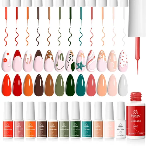 beetles Gel Polish 12 piezas de esmalte de gel blanco nude, rojo y verde, pintura en remolino, arte de uñas en gel, pincel fino integrado en