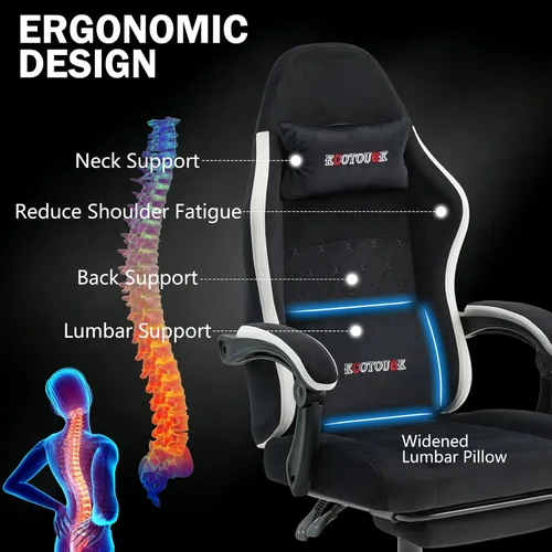 Miniatura 4 de ECOTOUGE Silla de tela para videojuegos, silla de videojuegos con reposapiés y soporte lumbar, altura ajustable, silla de oficina para el hogar