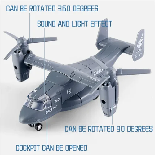Miniatura 4 de Avión de helicóptero de transporte militar de metal fundido a presión - Modelo de aleación a escala 1:400, juguete de avión rotor gemelo, Tiltrotor