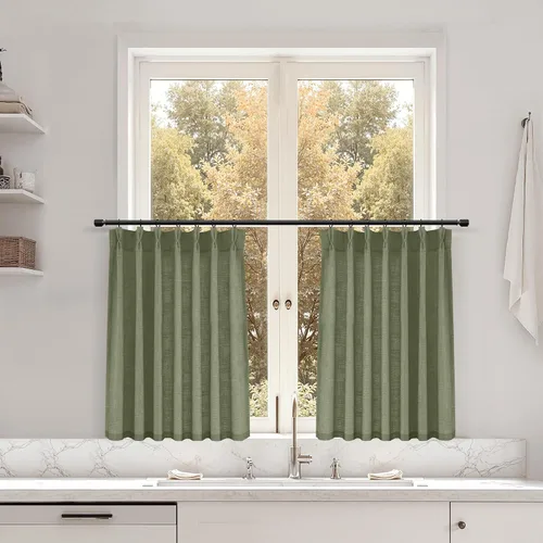 Miniatura 121 de Juego de 2 paneles de cortinas de ventana de cocina beige de 24 pulgadas de largo, con textura de lino, plisadas, filtrantes de luz, semi pequeñas