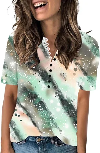 Miniatura 132 de Summer Shirts for Women 2025 Plus Size Short Sleeve Henley Tops Marble Floral Loose Tshirt Tee Casual Dressy Tunics