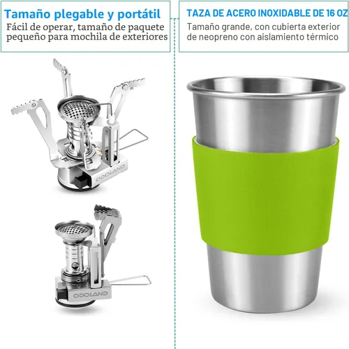Miniatura 5 de Odoland Utensilios de cocina para camping con estufa, mosquetón, soporte para cartucho trípode y taza de acero inoxidable, soporte para tanque, kit