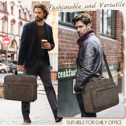 Miniatura 2 de RAINSMORE Bolsa de cuero para hombre de 16 pulgadas, bolso de mensajero vintage para hombre, bolso cruzado grande para el hombro, oficina, Madera