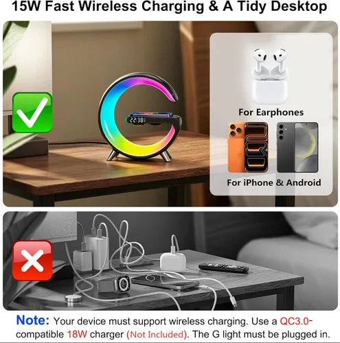 Miniatura 6 de Lámpara de mesa LED inteligente, cargador inalámbrico 4 en 1, luz nocturna, reloj despertador, altavoz Bluetooth con control de aplicación, lámpara