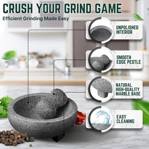 Miniatura 7 de Flexzion Juego de mortero y mortero de granito pequeño – Molinillo de piedra de granito sólido para cuenco de 7.9 pulgadas para guacamole, hierbas