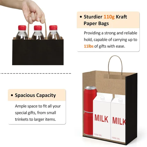 Miniatura 3 de BagDream Bolsas de regalo de 10 x 5 x 13 pulgadas, paquete de 50 bolsas de compras de papel kraft con asas a granel, para compras, venta al por Negro