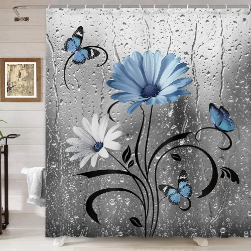 Miniatura 8 de Cortina de Ducha Rústica Azul Floral Boho, Cortinas de Flores de Margarita y Mariposa de Estilo Granja para Baño, Decoración de Baño Floral