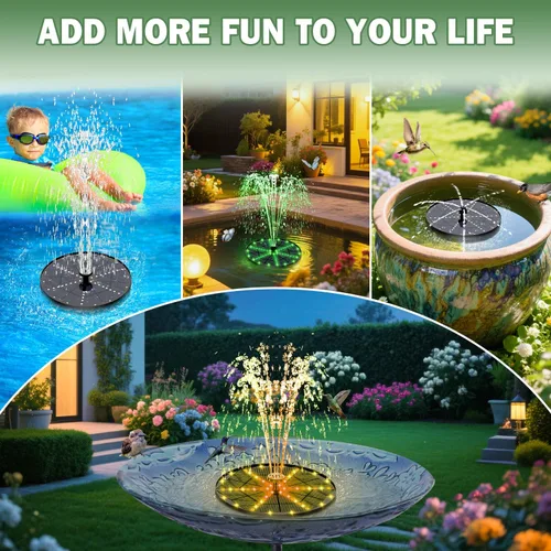 Miniatura 6 de Yzert Fuente solar mejorada para pájaros con 60 luces LED, bomba de fuente de agua con batería de 4000 mAh, 7 boquillas, 4 fijadores, para jardín