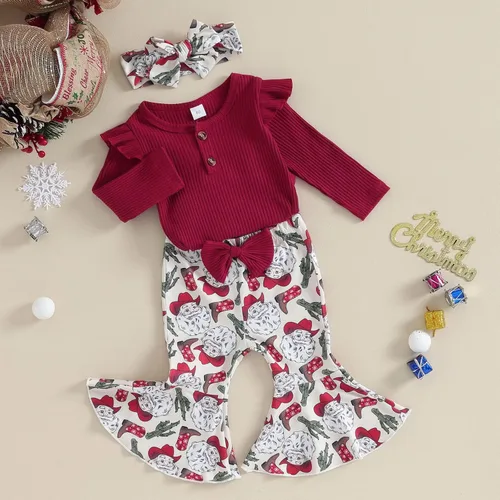 Miniatura 2 de Kuriozud Conjunto de pantalones acampanados para bebé recién nacida, con volantes, lindo conjunto de pantalones acampanados con diadema y ramitas
