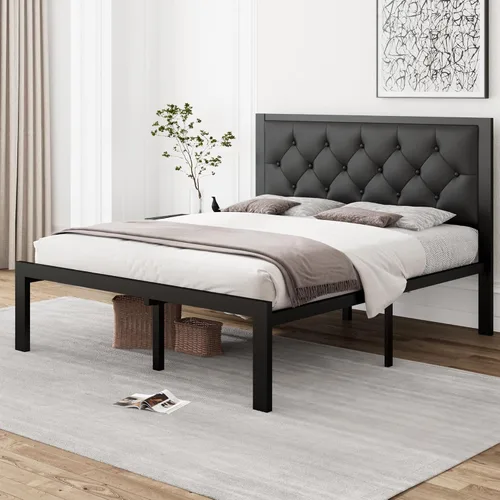 Miniatura 3 de iPormis Marco de Cama de Metal Completo, Marco de Cama Plataforma de Cuero Sintético con Cabecera Capitoné con Botones, 12" de Espacio Bajo la Cama