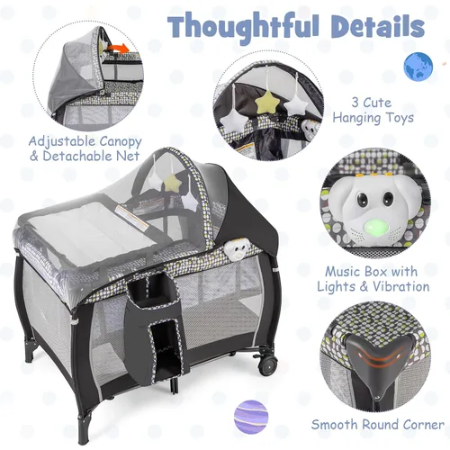 Miniatura 5 de HONEY JOY Pack and Play, centro de guardería plegable 4 en 1 con moisés infantil de tamaño completo y cambiador de pañales, cuna portátil para niños