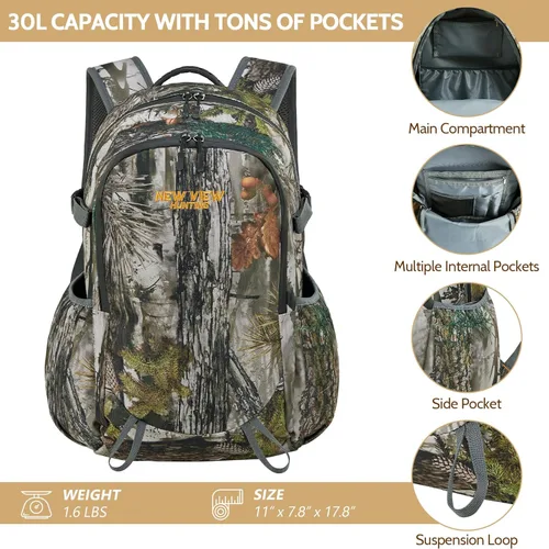 Miniatura 5 de NEW VIEW Mochila de caza para niños de 30 L, paquete de camuflaje para caza juvenil, equipo de caza para niños de 7 a 14 años, tamaño 13 x 6.3 x