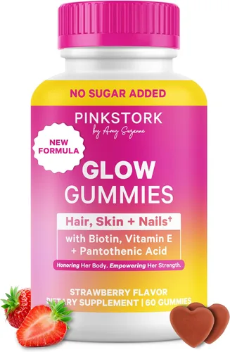 Pink Stork Total Glow - Gomitas para mujeres, vitaminas para el cabello, la piel y las uñas con biotina, vitamina A, B6, B12, folato, zinc y más,
