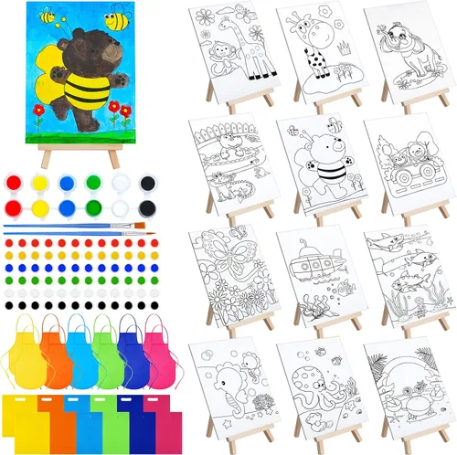 Miniatura 10 de Tenceur Juego de 48 piezas de recuerdos de fiesta de pintura para niños con 12 piezas de paneles de lona predibujados de animales y caballete