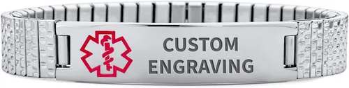 Miniatura 7 de Bling Jewelry Pulsera unisex personalizada de identificación médica de identificación médica para mujeres y adolescentes, acero inoxidable