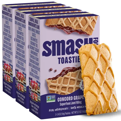 Miniatura 7 de Smash Foods Toasties - Paquete de 3 tostadoras de trigo integral saludables, fresa, arándano, uva, sin azúcar refinada, relleno de fruta real, 9