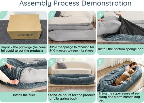 Miniatura 7 de Cama para perros para adultos de tamaño humano – Cama de lujo de piel sintética para perros tamaño gigante con asa portátil, cama ortopédica de Gris