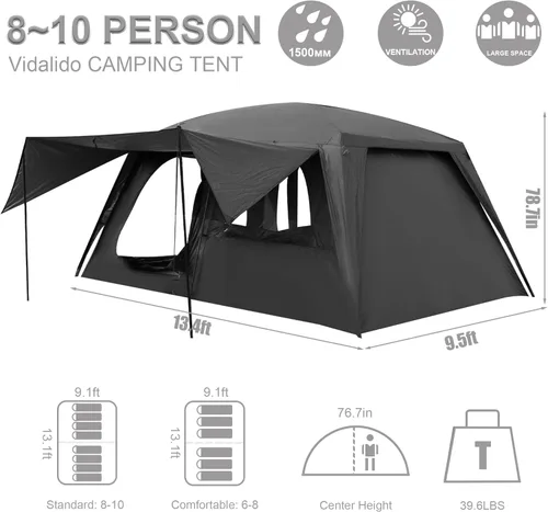 Miniatura 5 de Vidalido Tienda de campaña para 8-10 personas con 3 puertas y 2 habitaciones, tiendas de campaña grandes tipo cabaña familiar, tienda de campaña