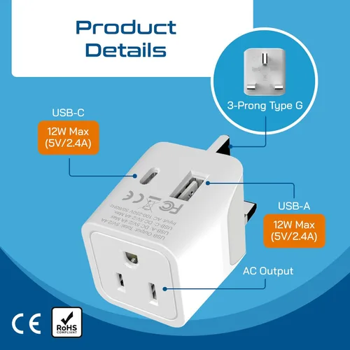 Miniatura 5 de Ceptics Adaptadores británicos para viajes a Londres, Hong Kong, Irlanda - USB-A + USB-C y entrada de Estados Unidos - Adaptador tipo G conectado a