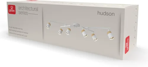 Miniatura 10 de Globe Electric 64000055 - Iluminación de riel de 6 luces de 42", barra central doble giratoria, color blanco mate, acentos en tono madera, luz