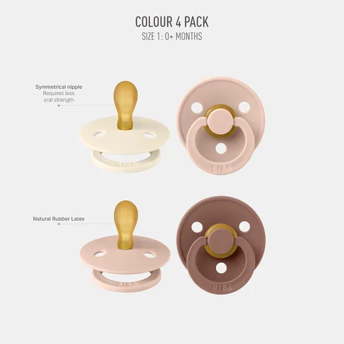 BIBS Colour - Chupetes con pezón simétrico, goma natural para bebé, juego de 4 chupetes sin BPA, fabricados en Dinamarca, mezcla de rubor, talla 0 a