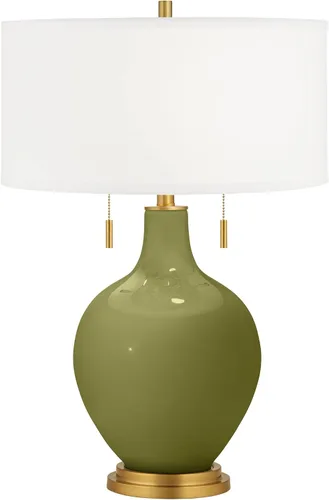 Color + Plus Toby - Lámpara de mesa de cristal moderna de 28 pulgadas de alto, cadena de tirón, acabado de latón verde y dorado, tela única,
