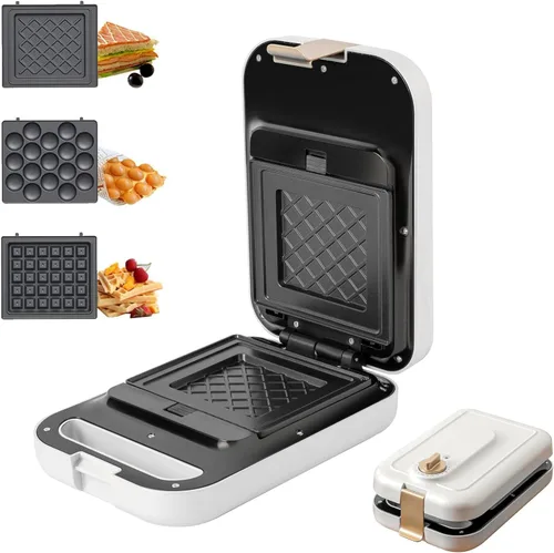 Miniatura 7 de Máquina de sándwiches 3 en 1, máquina de gofres de burbujas de huevo, máquina inteligente de panqueques con control de temperatura con placas Blanco
