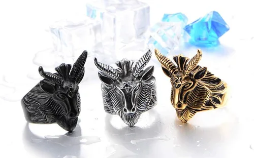 Miniatura 2 de HIJONES Anillo de motociclista de acero inoxidable para hombre, estilo baphomet, cuerno de cabra de satán, estilo baphom