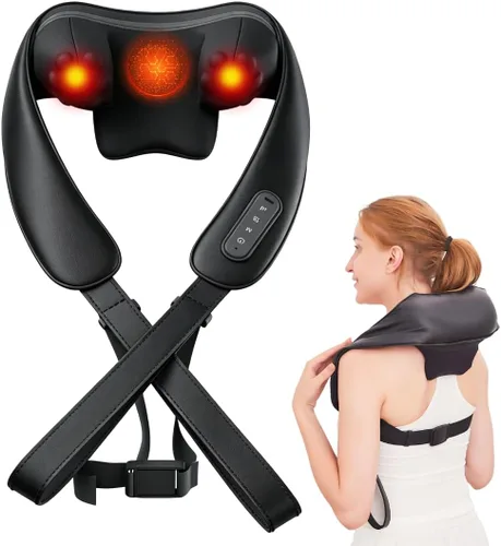 Masajeador de cuello con calor inalámbrico Shiatsu masajeador eléctrico de cuello y hombros para aliviar el dolor, masaje profundo de la parte