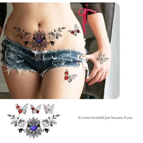 Miniatura 2 de ROARHOWL Tatuaje Temporal Sexy para Mujeres Juego de Tatuajes Sexys Hermosos Exquisitos Flores Realistas en 3D, Mariposa, Abdomen, Pecho, Cintura