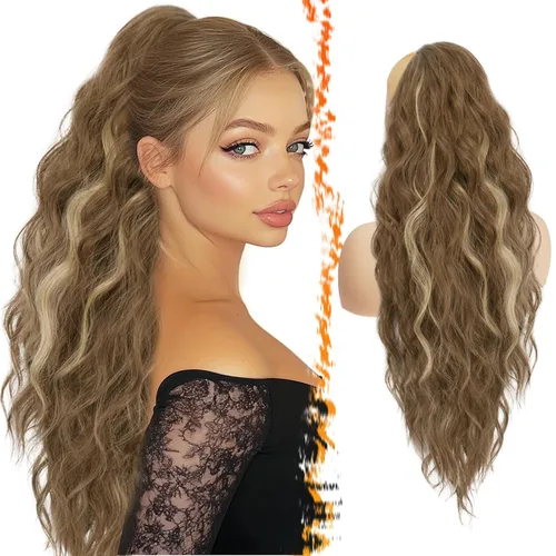 Miniatura 22 de BARSDAR Extensión de cola de caballo rojo burdeos, extensiones de cabello ondulado con cordón de 16 pulgadas para mujer, extensiones de cabello