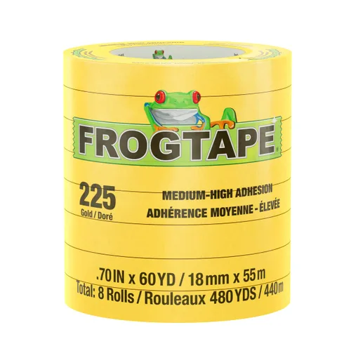 FrogTape Cinta adhesiva de grado de rendimiento de temperatura moderada dorada 225, adherencia media-alta, 0.709 in x 180.4 ft, 8 rollos por paquete