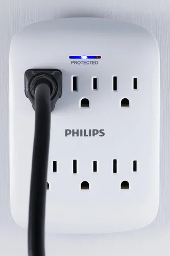 Miniatura 3 de Philips 6 enchufes extensores con protector contra sobretensiones, paquete de 2, toma de pared, 900 julios, 3 puntas, diseño que ahorra espacio, luz