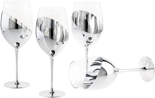 Miniatura 7 de MyGift Juego de 4 copas de vino modernas de tallo largo plateado para vino blanco o tinto con elegante diseño en ángulo plata (juego de 4)