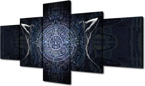 Miniatura 66 de Arte de pared con varios paneles, calendario maya, imágenes de piedra del sol, pinturas de civilización azteca sobre lienzo, sala de estar
