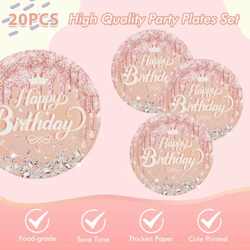 Miniatura 4 de 41 piezas de decoración de fiesta de cumpleaños de oro rosa - Suministros de tema rosa y oro - Incluye 20 platos, 20 servilletas y 1 mantel