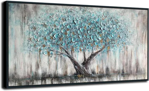 Miniatura 10 de Arjun Lienzo artístico para pared de árbol de la vida para sala de estar, pintura de árbol azul y verde azulado, 50% pintada a mano, imagen
