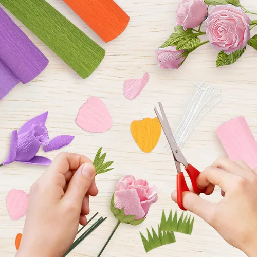 Miniatura 5 de MicButty - Juego de 42 flores de papel crepé, rollo de papel crepé con cinta floral, flores de alambre de hierro floral para manualidades, boda