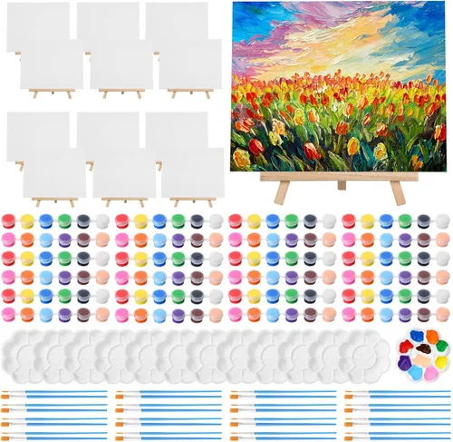 Miniatura 7 de Qilery Juego de 12 piezas de pintura en lienzo, mini lienzo con caballetes de madera, tiras de pinturas acrílicas, pinceles, paleta, juego de arte