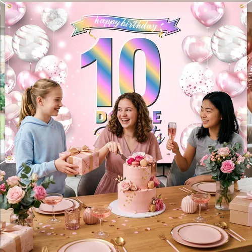 Miniatura 6 de Cartel de feliz cumpleaños número 10, telón de fondo de arcoíris degradado de doble dígito, fondo rosa de 10 años, decoraciones de cumpleaños