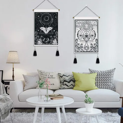 Miniatura 2 de Paquete de 2 tapices de sol y luna, tapiz blanco y negro con diseño de vid de flores, para colgar en la pared para habitación (13.8 x 19.7 pulgadas)