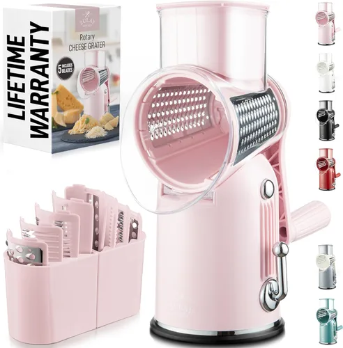 Miniatura 14 de Zulay Kitchen Rallador rotativo de queso de 5 cuchillas, rallador de queso manual de manivela con succión reforzada y 5 tambores intercambiables