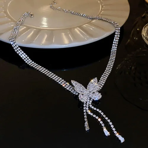 Miniatura 4 de Missgrace Gargantilla de mariposa con diamantes de imitación plateados, collares de cadena de plata con diamantes de imitación, collar de barra